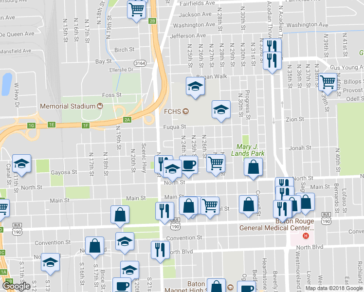 map of restaurants, bars, coffee shops, grocery stores, and more near 835 North 24th Street in Baton Rouge