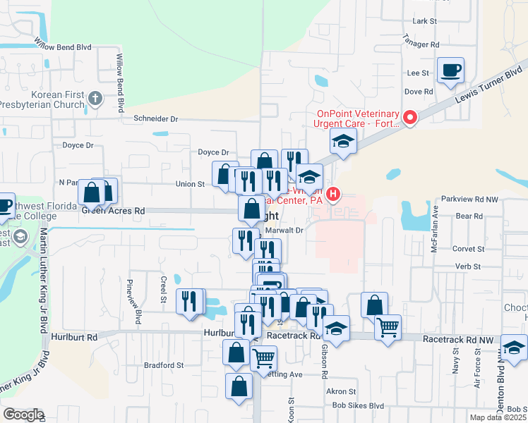 map of restaurants, bars, coffee shops, grocery stores, and more near 2 Green Acres Road in Fort Walton Beach