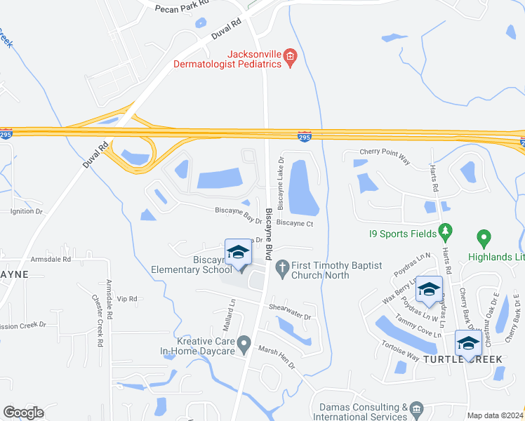 map of restaurants, bars, coffee shops, grocery stores, and more near 12342 Biscayne Lake Drive in Jacksonville