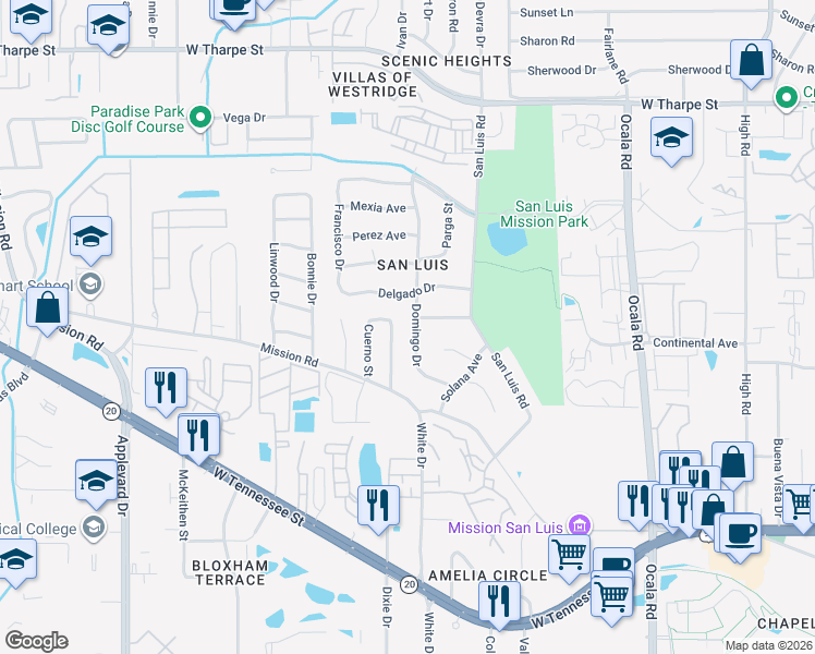 map of restaurants, bars, coffee shops, grocery stores, and more near 1112 Domingo Drive in Tallahassee