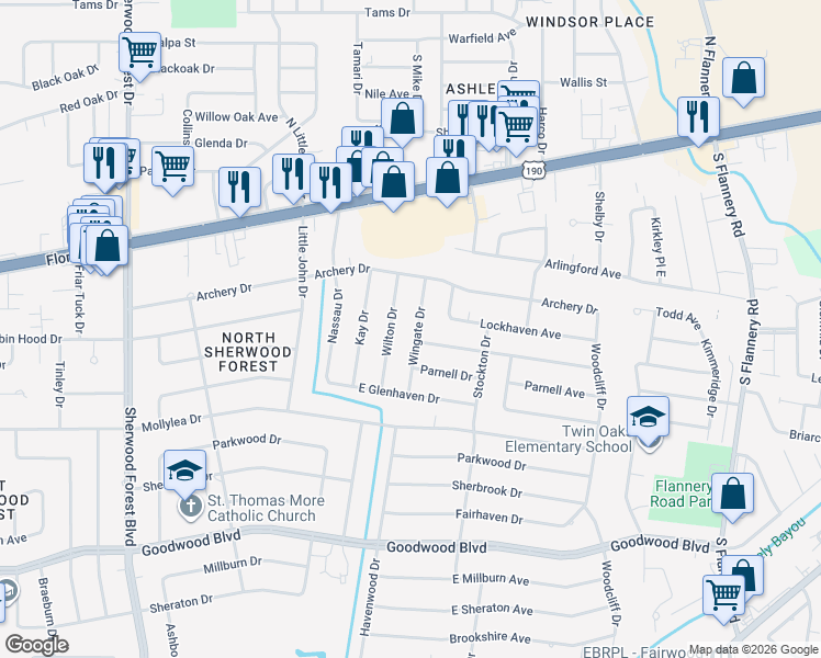 map of restaurants, bars, coffee shops, grocery stores, and more near 364 Wingate Drive in Baton Rouge
