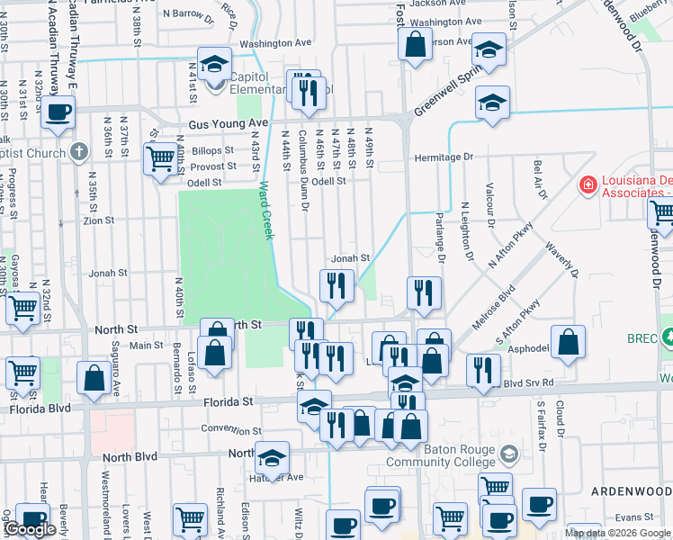 map of restaurants, bars, coffee shops, grocery stores, and more near 844 North 46th Street in Baton Rouge