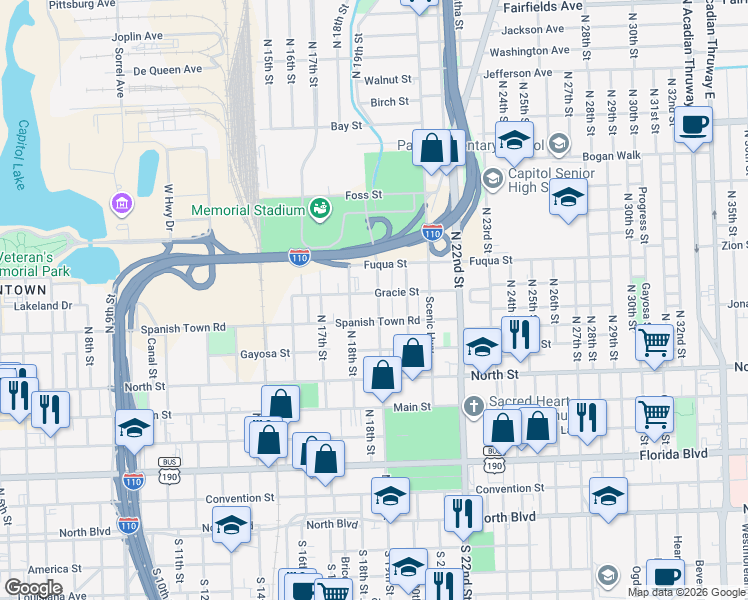 map of restaurants, bars, coffee shops, grocery stores, and more near 1828 Gracie Street in Baton Rouge