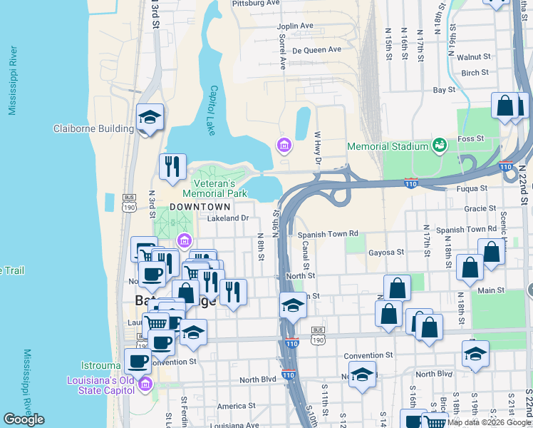 map of restaurants, bars, coffee shops, grocery stores, and more near 783 Lakeland Drive in Baton Rouge