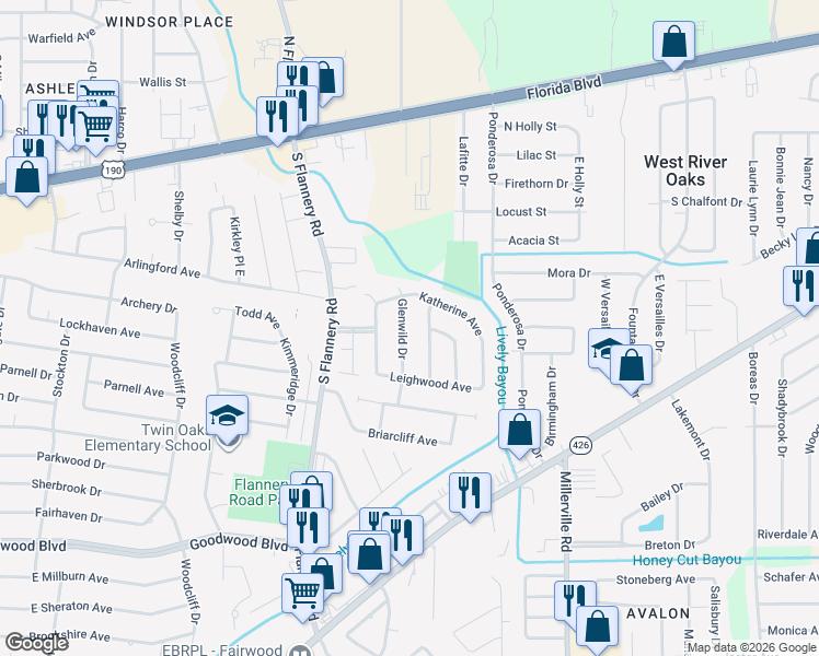 map of restaurants, bars, coffee shops, grocery stores, and more near 447 Glenwild Drive in Baton Rouge
