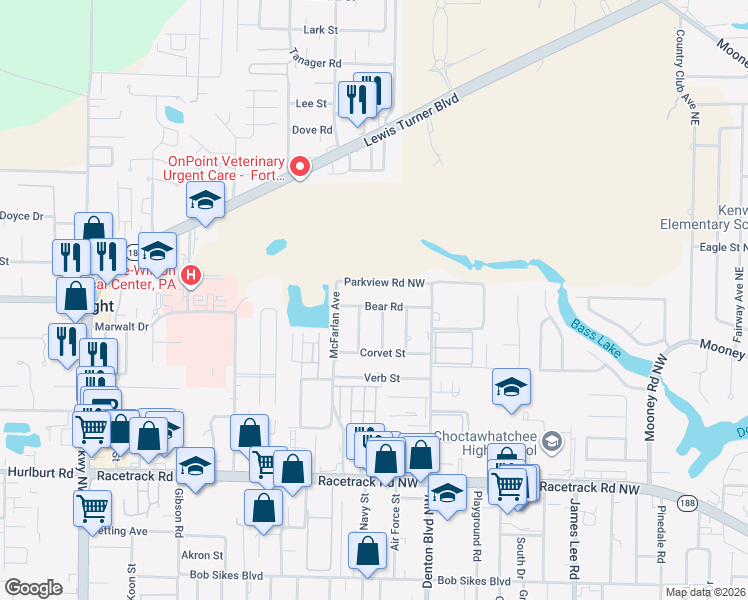 map of restaurants, bars, coffee shops, grocery stores, and more near 408 Bear Road in Fort Walton Beach