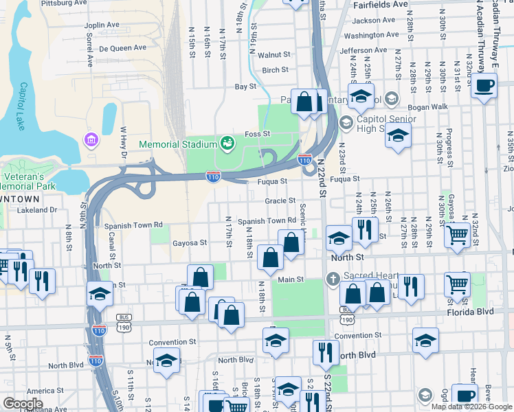 map of restaurants, bars, coffee shops, grocery stores, and more near 1828 Gracie Street in Baton Rouge