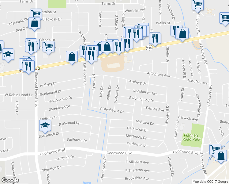 map of restaurants, bars, coffee shops, grocery stores, and more near 364 Wingate Drive in Baton Rouge
