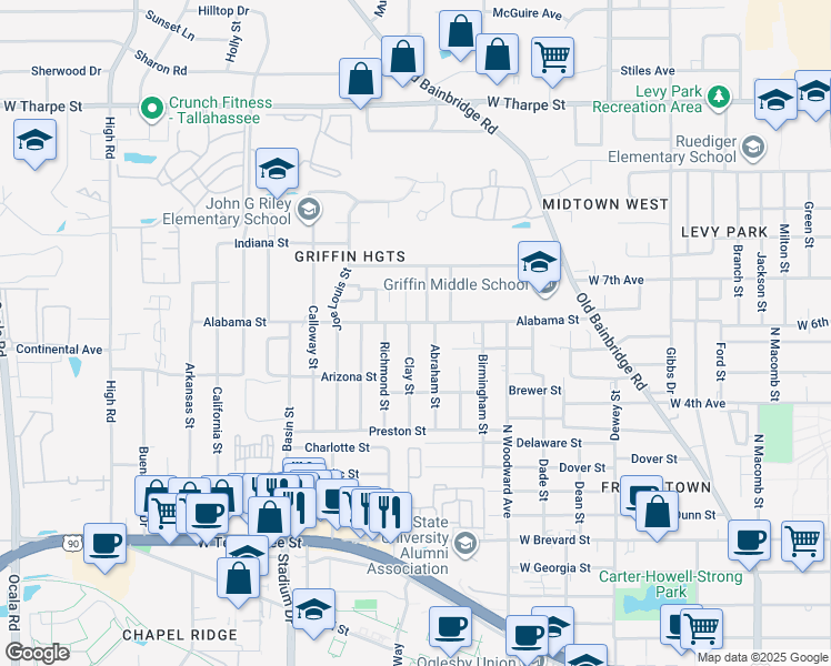 map of restaurants, bars, coffee shops, grocery stores, and more near 1215 Clay Street in Tallahassee