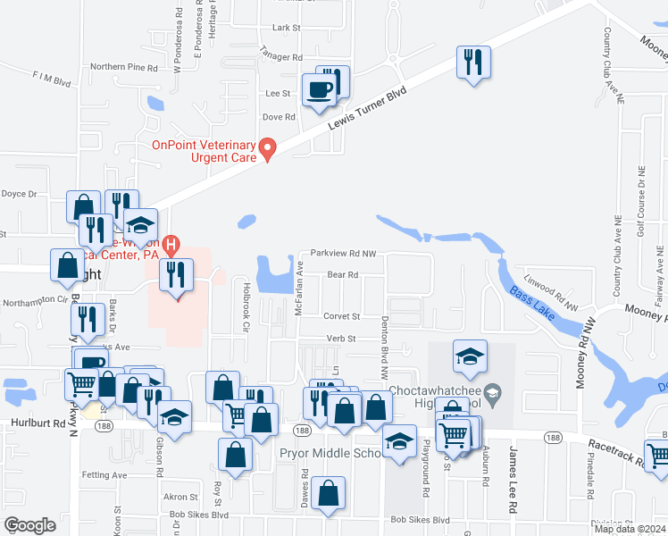 map of restaurants, bars, coffee shops, grocery stores, and more near 412 Bear Road Northwest in Fort Walton Beach