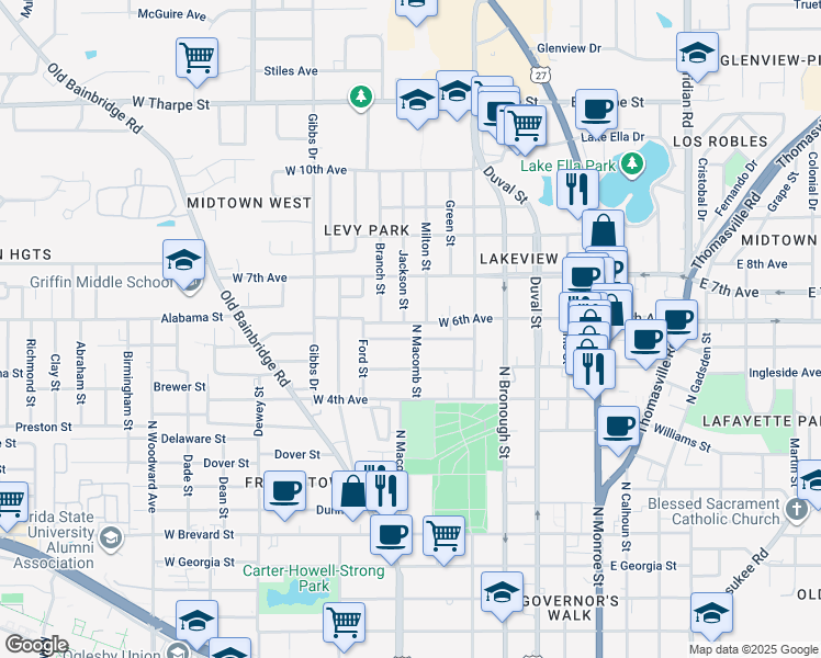 map of restaurants, bars, coffee shops, grocery stores, and more near 503 West 6th Avenue in Tallahassee