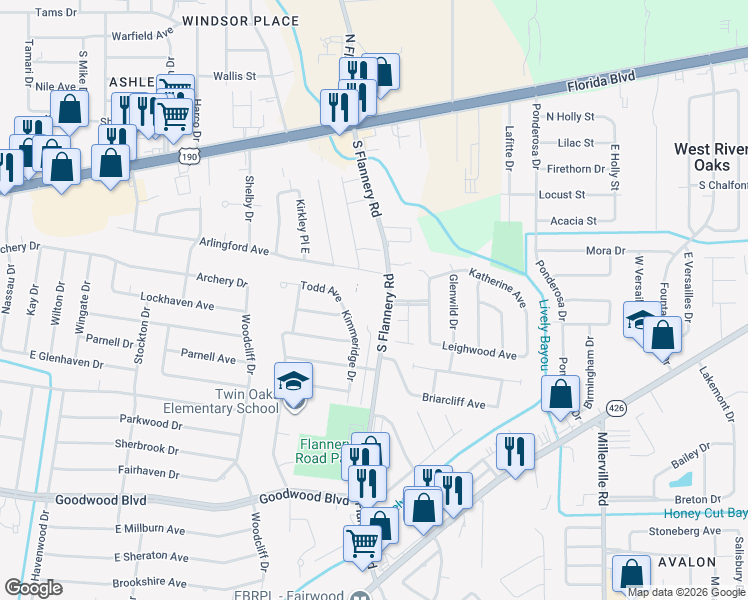 map of restaurants, bars, coffee shops, grocery stores, and more near 552 South Flannery Road in Baton Rouge