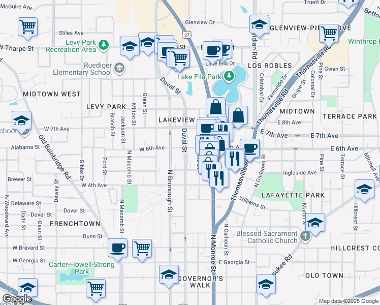 map of restaurants, bars, coffee shops, grocery stores, and more near 1237 North Duval Street in Tallahassee