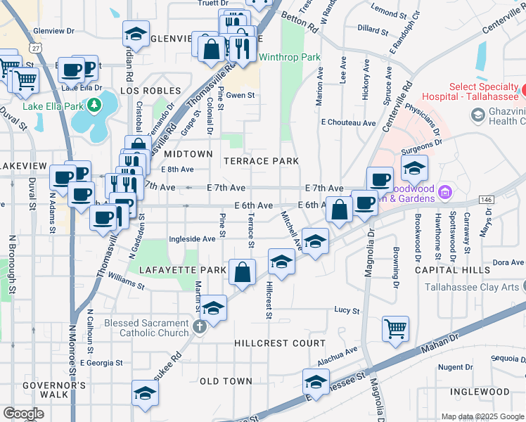 map of restaurants, bars, coffee shops, grocery stores, and more near 908 Beard Street in Tallahassee