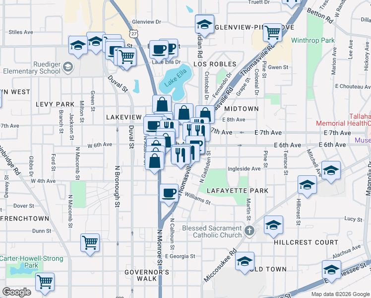 map of restaurants, bars, coffee shops, grocery stores, and more near 241 East 6th Avenue in Tallahassee
