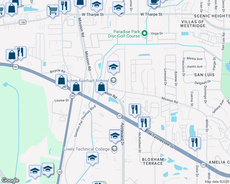 map of restaurants, bars, coffee shops, grocery stores, and more near 2683 West Mission Road in Tallahassee