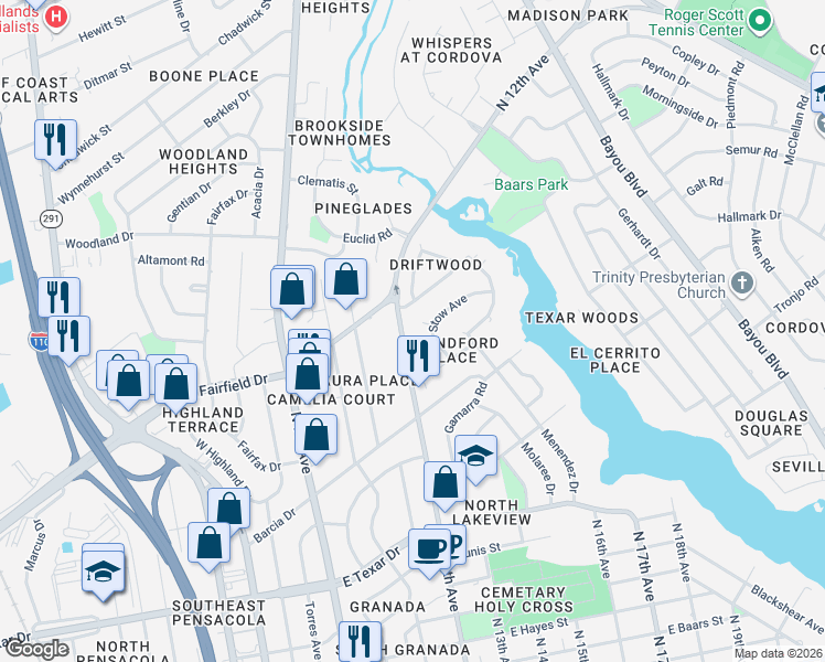 map of restaurants, bars, coffee shops, grocery stores, and more near 3819 North 12th Avenue in Pensacola