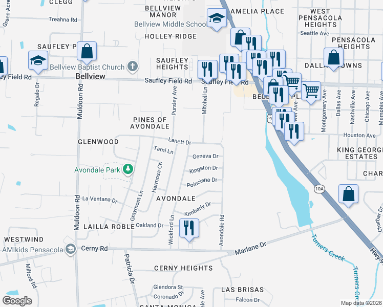 map of restaurants, bars, coffee shops, grocery stores, and more near 4694 Geneva Drive in Pensacola