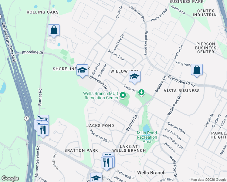 map of restaurants, bars, coffee shops, grocery stores, and more near 3400 Shoreline Drive in Austin