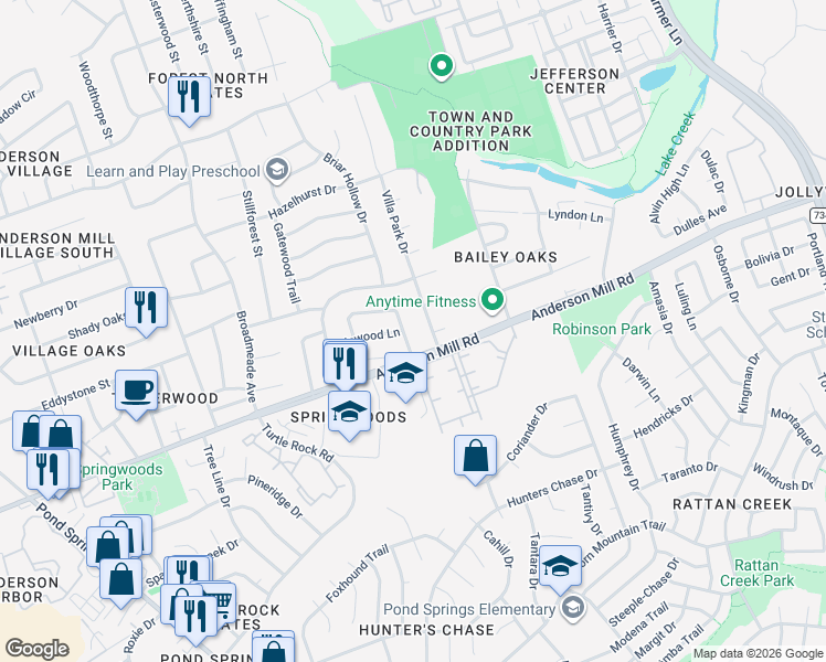 map of restaurants, bars, coffee shops, grocery stores, and more near 13104 Villa Park Drive in Austin