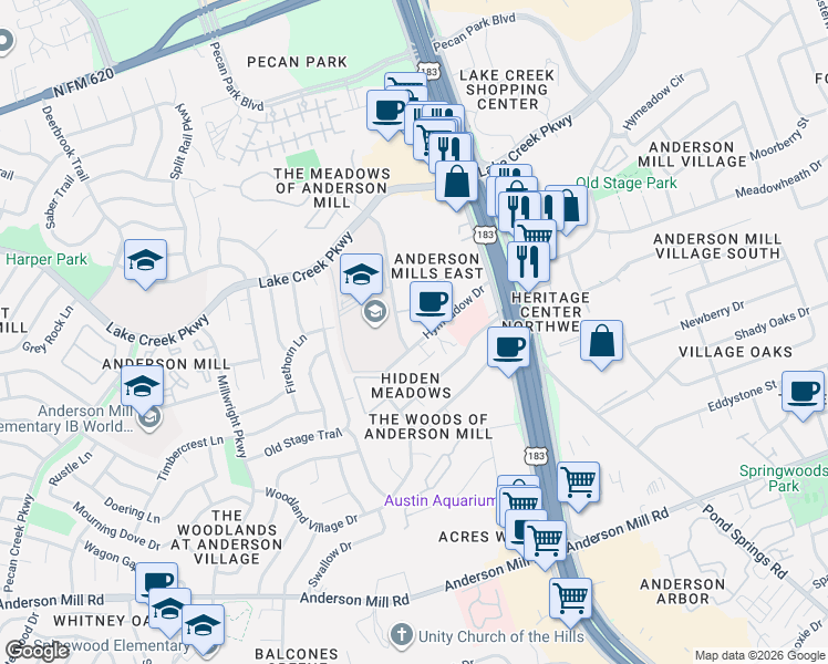 map of restaurants, bars, coffee shops, grocery stores, and more near 12343 Hymeadow Drive in Austin