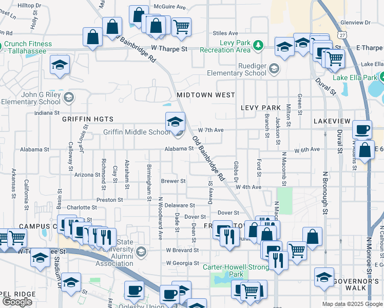 map of restaurants, bars, coffee shops, grocery stores, and more near 1213 Bennett St in Tallahassee