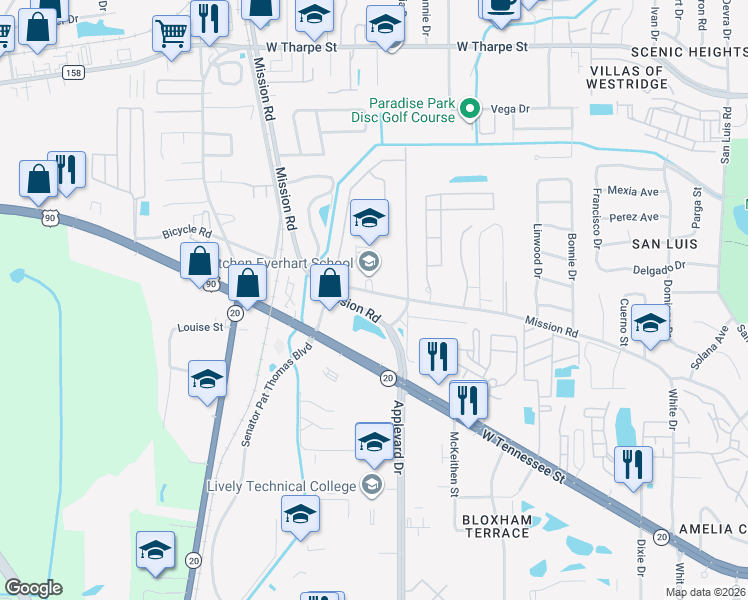 map of restaurants, bars, coffee shops, grocery stores, and more near 2683 West Mission Road in Tallahassee