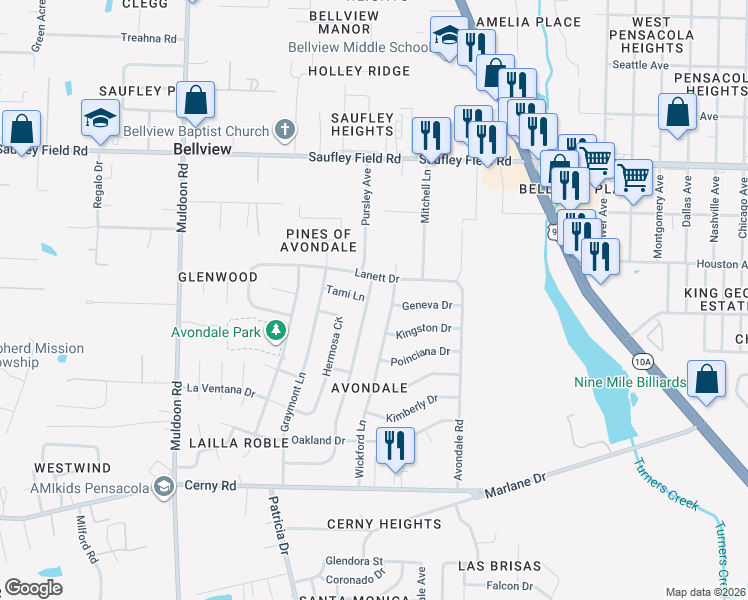 map of restaurants, bars, coffee shops, grocery stores, and more near 5812 Ventura Lane in Pensacola