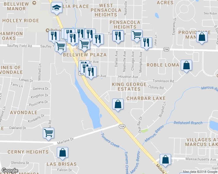 map of restaurants, bars, coffee shops, grocery stores, and more near 5421 Coventry Avenue in Pensacola