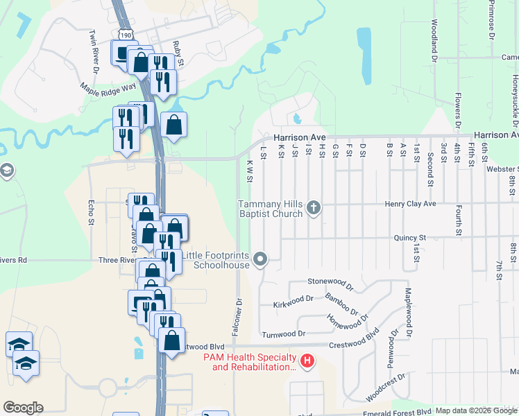 map of restaurants, bars, coffee shops, grocery stores, and more near 70380 K West Street in Covington