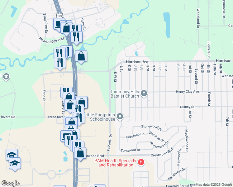 map of restaurants, bars, coffee shops, grocery stores, and more near 70380 K West Street in Covington