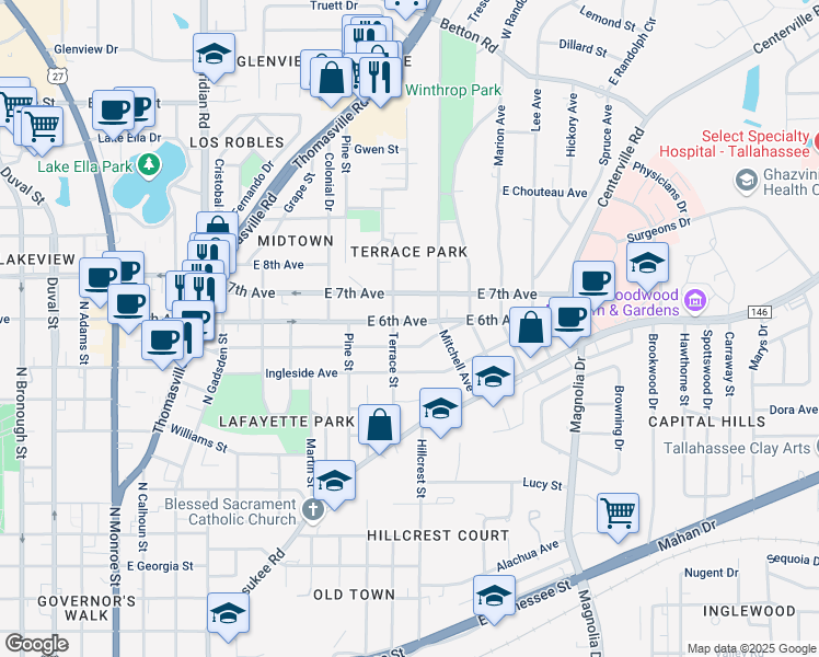 map of restaurants, bars, coffee shops, grocery stores, and more near 908 Beard Street in Tallahassee