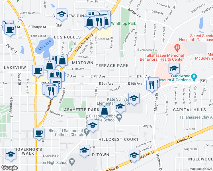 map of restaurants, bars, coffee shops, grocery stores, and more near 1216 Terrace Street in Tallahassee