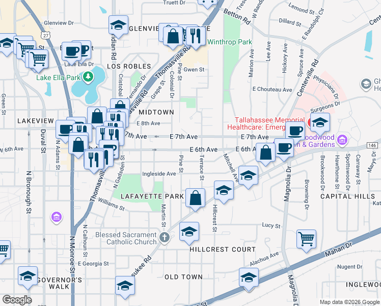 map of restaurants, bars, coffee shops, grocery stores, and more near 1211 Pine Street in Tallahassee