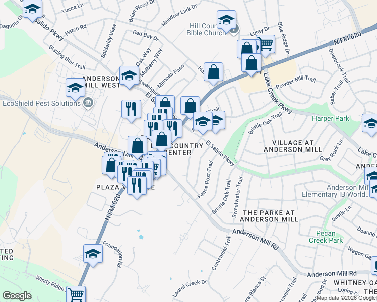map of restaurants, bars, coffee shops, grocery stores, and more near 11700 Tanglebriar Trail in Austin