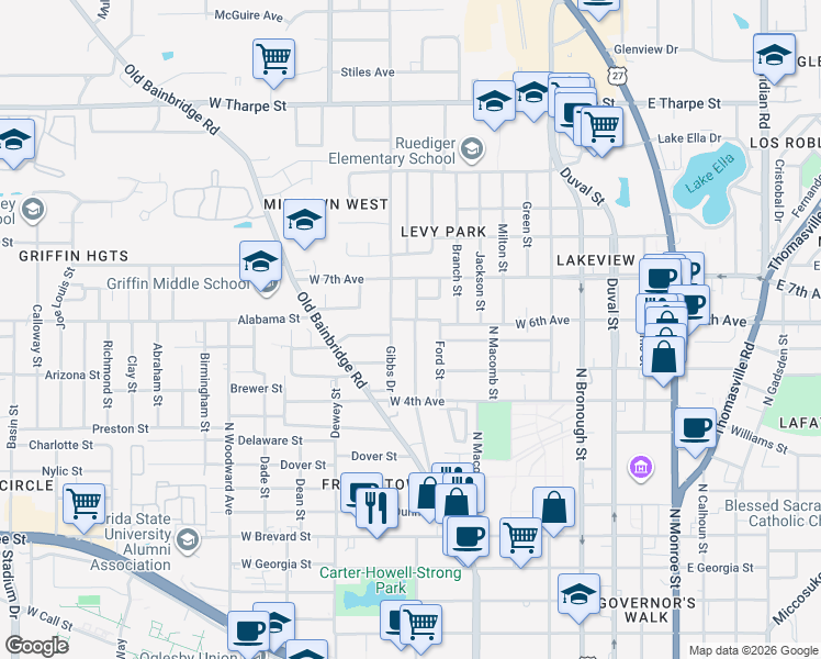 map of restaurants, bars, coffee shops, grocery stores, and more near 1230 Central Street in Tallahassee