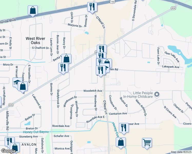map of restaurants, bars, coffee shops, grocery stores, and more near 1026 Sedona Pines Drive in Baton Rouge