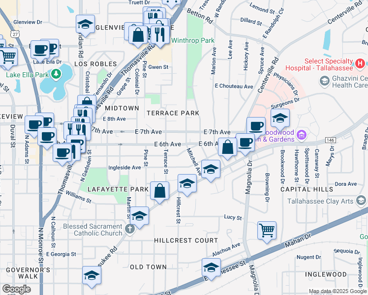 map of restaurants, bars, coffee shops, grocery stores, and more near 908 Beard Street in Tallahassee