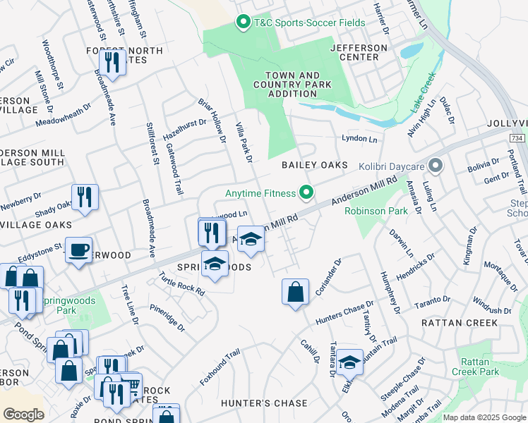 map of restaurants, bars, coffee shops, grocery stores, and more near 13104 Villa Park Drive in Austin