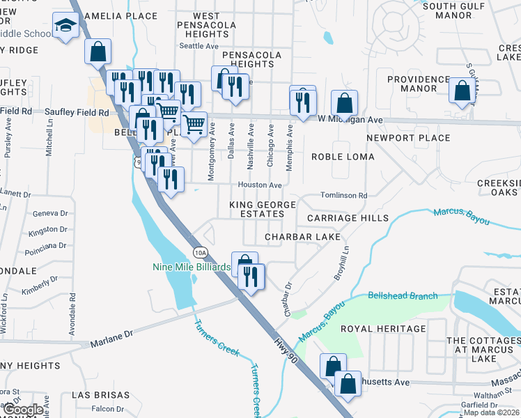 map of restaurants, bars, coffee shops, grocery stores, and more near 5432 Wales Avenue in Pensacola