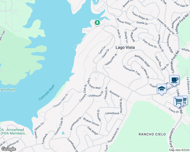 map of restaurants, bars, coffee shops, grocery stores, and more near 5804 Circulo Drive in Lago Vista