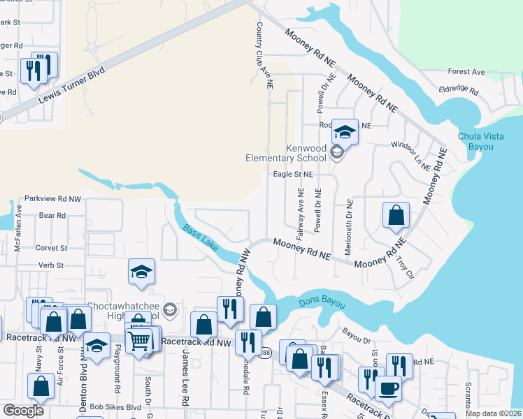 map of restaurants, bars, coffee shops, grocery stores, and more near 611 Country Club Avenue Northeast in Fort Walton Beach