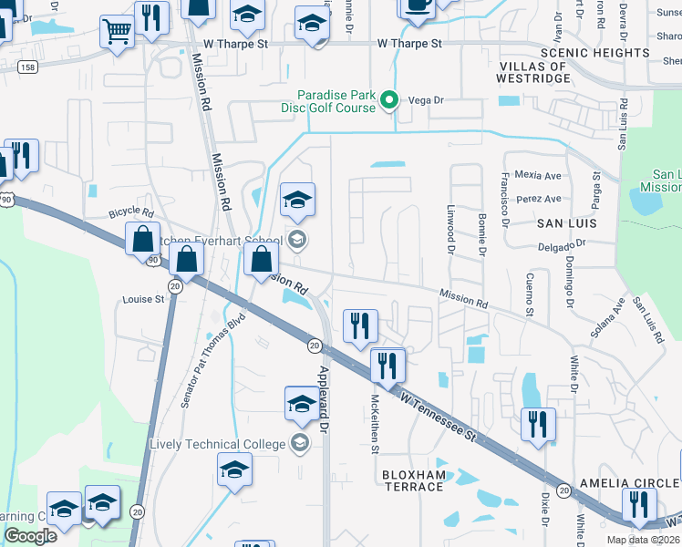 map of restaurants, bars, coffee shops, grocery stores, and more near 420 West Mission Road in Tallahassee
