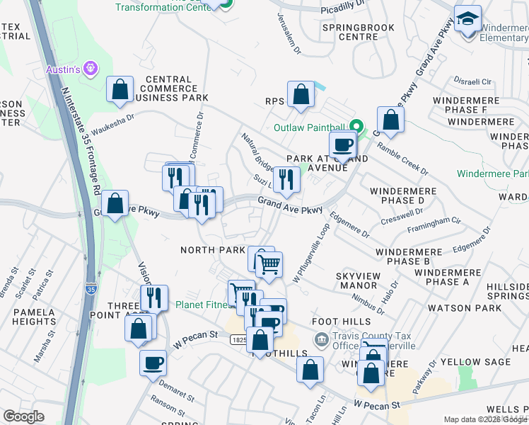 map of restaurants, bars, coffee shops, grocery stores, and more near 1501 Grand Avenue Parkway in Pflugerville