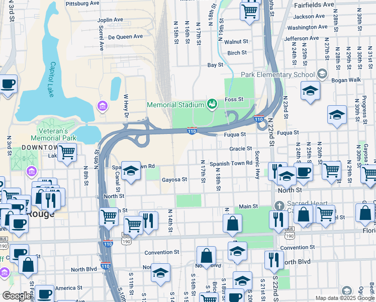 map of restaurants, bars, coffee shops, grocery stores, and more near 1600 Gracie Street in Baton Rouge