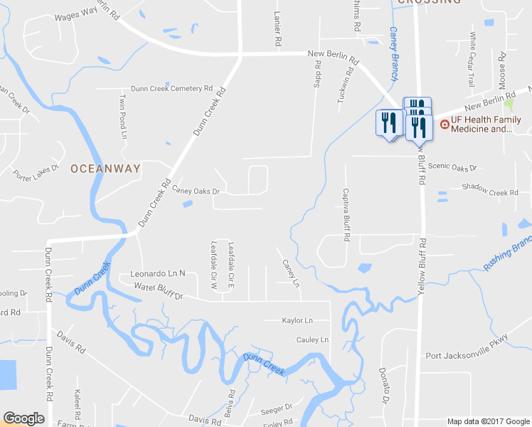 map of restaurants, bars, coffee shops, grocery stores, and more near 2424 Caney Wood Court South in Jacksonville