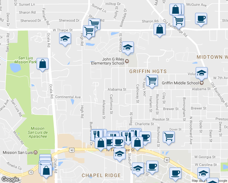 map of restaurants, bars, coffee shops, grocery stores, and more near 1509 Alabama Street in Tallahassee