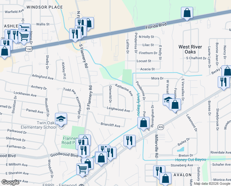 map of restaurants, bars, coffee shops, grocery stores, and more near 447 Glenwild Drive in Baton Rouge