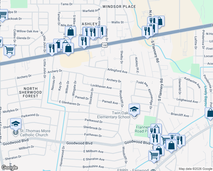 map of restaurants, bars, coffee shops, grocery stores, and more near 12631 Lockhaven Avenue in Baton Rouge