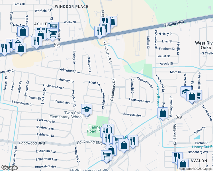 map of restaurants, bars, coffee shops, grocery stores, and more near 536 South Flannery Road in Baton Rouge